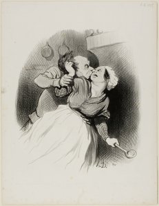 Il ritorno della giovinezza. "Gridate quanto volete, diavoletti.... mia moglie non è in casa.... strappatemi i capelli a vostro piacimento!", piatto 50 da Les beaux Jours de la vie da Honoré Victorin Daumier