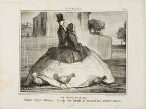 Un errore scusabile. Polli che pensano di aver ritrovato la gabbia dove hanno trascorso la loro prima infanzia, tavola 21 da La Crinolomanie da Honoré Victorin Daumier