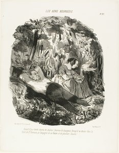 A 30°C, fortunato colui che può fuggire e sonnecchiare nella foresta di Saint-Germain accompagnato dalla moglie e da qualche lucertola, piatto 27 di Les Bons Bourgeois da Honoré Victorin Daumier