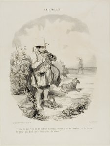 "Maledetto paese! Io sparo solo alle passere.... e solo alle femmine... e questo ingegnoso guardiano insisteva che il posto è pieno di conigli", targa 5 di La Chasse da Honoré Victorin Daumier