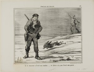 Se il cacciatore ha le mani fredde... la lepre non ha i piedi freddi, piatto 22 di Émotions De Chasse da Honoré Victorin Daumier