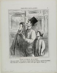 Guardando il dipinto di Manet. "Perché questa donna grassa e rossa in camicia da notte si chiama Olympia - Ma mia cara, forse è il nome del gatto nero", tavola 9 di Croquis Pris Au Salon par Daumier. da Honoré Victorin Daumier
