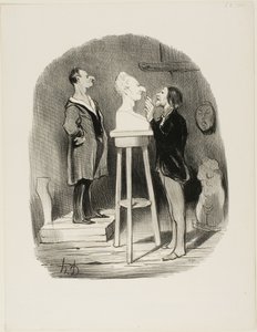 Monsieur Filochard, ex negoziante, in pensione, sente il bisogno di tramandare il suo busto in marmo anche ai posteri più remoti, piatto 68 da Les Bons bourgeois da Honoré Victorin Daumier