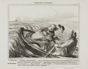 Mr. Prudhomme: "- Odiose onde.... non sapete chi portate in questo momento... oh audaci... sappiate che io, come Serse, vi frusterò terribilmente". Mme Prudhomme: (tremando di paura) "- Di grazia, mio caro amico, non offendete più il mare... voi
