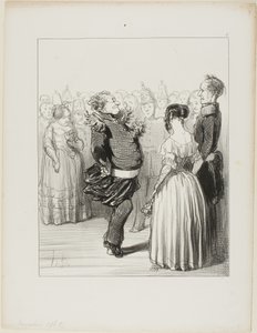 Rifolard apre la palla ed esegue un audace passo di danza in avanti, che riceve molti elogi, il piatto 5 di Les Banqueteurs. da Honoré Victorin Daumier