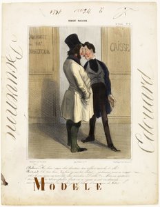 Robert: "Bene, bene! Mio caro direttore... come vanno gli affari". Bertrand: "- Bene, molto bene, sono abbastanza soddisfatto. Purtroppo non abbiamo un soldo per continuare! - Oh, che sballo! - Ma un investitore ci deve ancora 200.000 franchi... e verrà a  da Honoré Victorin Daumier