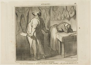 La disperazione del macellaio. "- Immaginate: Chiunque può affermarsi come macellaio! Ah! Ci sono momenti in cui mi viene voglia di prendere il mio tritacarne e tagliarmi in due parti come un semplice vitello", tav. 458 da Actualités