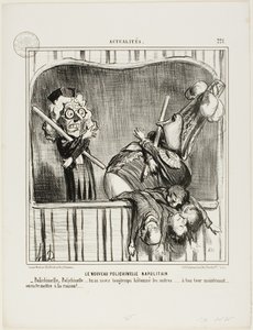 Il Nuovo Buffone Napoletano. "- Polichinelle, Polichinelle, avete randellato gli altri abbastanza a lungo... ora tocca a voi. Ti porteremo alla ragione...", piatto 221 di Actualités da Honoré Victorin Daumier