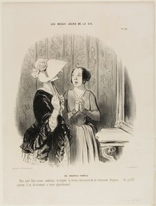 Il cappello Pamela. "Avete perfettamente ragione Madame ad adottare questa forma incantevole di un nuovo cappello...... soprattutto dal lato che si abbina magnificamente alla vostra fisionomia.....!, "piatto 76 da Les Beaux Jours De La Vie da Honoré Victorin Daumier