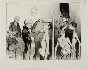 Il comitato di reclutamento. "Non è uno spettacolo glorioso: questi nobili giovani francesi pieni di ardore, forza ed eleganza pronti a difendere il loro onore sotto le bandiere di Marte", tavola 35 di Caricatures Du Jour. da Honoré Victorin Daumier