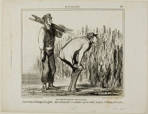 Le preoccupazioni di un viticoltore. "- Siamo scampati al gelo..... ora dobbiamo solo preoccuparci del sole, della pioggia, della muffa della vite e di tutto il resto...", piatto 397 da Actualités da Honoré Victorin Daumier