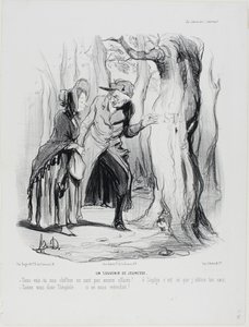 Ricordi di gioventù. "- Vedi che le nostre lettere non sono ancora state cancellate... oh Sophie, è qui che ho conquistato il tuo cuore. - Tieni a freno la lingua ora, Théophile.... se qualcuno ci sentisse!", tavola 49 di Vita coniugale. da Honoré Victorin Daumier