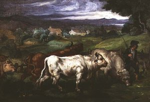Bovini e un mandriano in un paesaggio