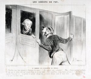 Opera di Honoré Daumier (1808-1879). Charivari del 1843: Serie LES RAILWAYS Il pericolo di addormentarsi durante un viaggio -Sveglia Signore e scendi dalla carrozza! - Dove stiamo andando? - Ma a Rouen parbleu! - A Rouen e io che volevo solo andare a Poi