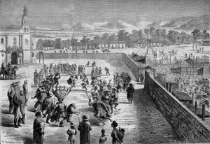Usanza messicana: festa e danza indiana a Santa Anna (Messico) in memoria della conquista di Fernando Cortez. I messicani erano vestiti come conquistadores spagnoli e soldati dell