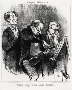 Bozzetti musicali: preludi obbligatori di qualsiasi concerto amatoriale. Tre musicisti si sforzano di illuminare le loro voci, accordare un violino e soffiarsi il naso con ostentazione. Illustrazione di Honoré Daumier, pubblicata su 