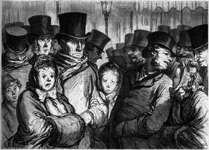 Boulevard du Temple a mezzanotte. A sinistra, persone che escono dal dramma. A destra, persone che lasciano i funamboli. Cartone animato di Honore Daumier (1808-1879). Incisione in "Le Monde Illustré" n.254 del 22 febbraio da Honoré Daumier