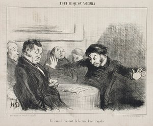 Un comitato ascolta la lettura di una tragedia da Honoré Daumier