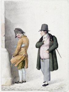 Uomo che urina contro un muro e un altro passante - litografia di Brunet da Horace Antoine Brunet