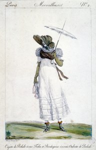 Incisione di moda di Horace Vernet (1789 - 1863), realizzata intorno al 1810 per "A Wonderful", raffigurante una donna con un baldacchino ecru, un ricamo tartan sanguinante e un ombrello da Emile Jean Horace Vernet