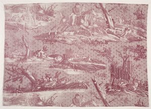 Frammento di cotone stampato a lastra con disegno di scena di caccia, c. 1815