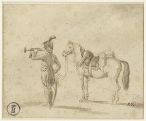 Trombettista accanto a un cavallo da Emile Jean Horace Vernet