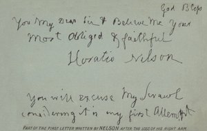 Parte della prima lettera scritta da Nelson dopo la perdita del braccio destro da Horatio Nelson