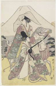 Due donne che viaggiano a cavallo ai piedi del Monte Fuji da Hosoda Eiri