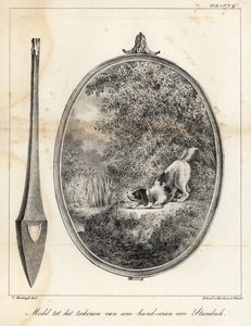 Modello per un disegno per uno schermo da mano ricamato che mostra un cane su una riva del fiume da Houtman Van