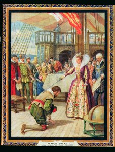 La regina Elisabetta I (1530-1603) nomina cavaliere Francis Drake (1540-96), illustrazione da 