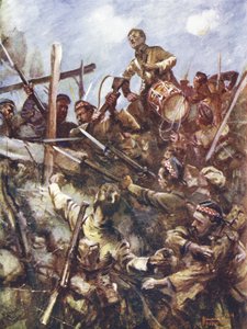Il tamburino Walter Ritchie in piedi sul parapetto nemico per suonare la carica, sotto pesante fuoco di mitragliatrici e attacchi con bombe, Beaumont Hamel, Francia, 1 luglio 1916 da Howard K. Elcock