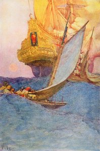 Un attacco a un galeone, inizio XX secolo da Howard Pyle