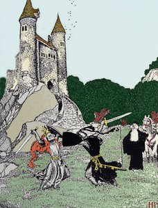 Battaglia tra Re Artù e il cavaliere nero alla presenza di Merlino l