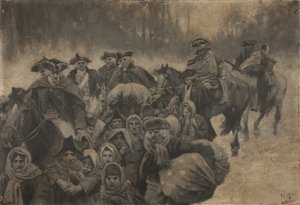 Cinque soldati in uniforme rossa a cavallo, con un altro incappucciato fino agli occhi... intorno a questi, un gruppo variegato di poveri, giovani e vecchi