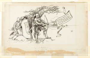 Illustrazione per The Accommodating Circumstance, II; Adattando una lunga freccia al suo arco, la inviò direttamente attraverso il cavaliere in testa da Howard Pyle