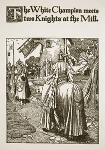 Il campione bianco incontra due cavalieri al mulino, illustrazione da 