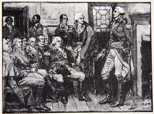 Washington e i suoi generali in consultazione, 15 marzo 1783, illustrazione da Harper
