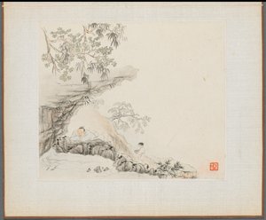 Album di Dipinti di Paesaggi che Illustrano Vecchie Poesie: Un Uomo Sdraiato sotto una Sporgenza Rocciosa