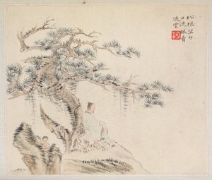 Album di Dipinti di Paesaggi che Illustrano Vecchie Poesie: Un Vecchio Siede sotto un Pino, un Ragazzo è dietro una Pietra da Hua Yan