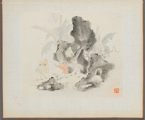 Album di dipinti paesaggistici che illustrano vecchie poesie: Bambini giocano in un boschetto roccioso da Hua Yan
