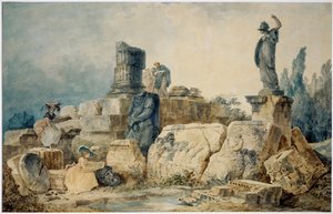 Due giovani donne disegnano le rovine di Roma, tre figure in abiti antichi le osservano dall