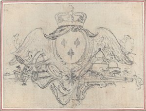 Stemma del Re di Francia con ali e strumenti scientifici da Hubert Francois Gravelot
