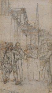 Illustrazione letteraria: Uomo con spada che affronta un gruppo di figure davanti a un edificio da Hubert Francois Gravelot