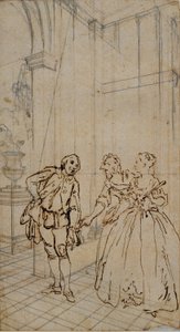 Illustrazione letteraria con gentiluomo e due signore in interni da Hubert Francois Gravelot