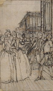 Illustrazione letteraria con due signore e due gentiluomini in una strada da Hubert Francois Gravelot