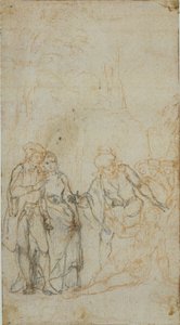Illustrazione letteraria non identificata con un gruppo di figure che circondano una figura reclinata nel paesaggio da Hubert Francois Gravelot