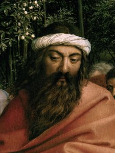 I pellegrini guidati da San Cristoforo, dettaglio di San Cristoforo, dal lato destro del Polittico di Gand