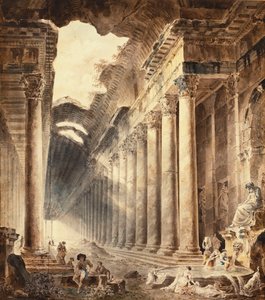 Un edificio termale colonnato, il tetto parzialmente aperto al cielo, con ragazze che lavano i vestiti a una fontana sotto una statua da Hubert Robert