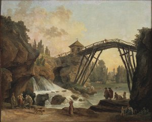Artista che disegna il ponte di legno nel parco a Méréville, c.1790 da Hubert Robert