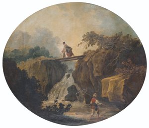 Francese: Paesaggio di una cascata con ponte da Hubert Robert